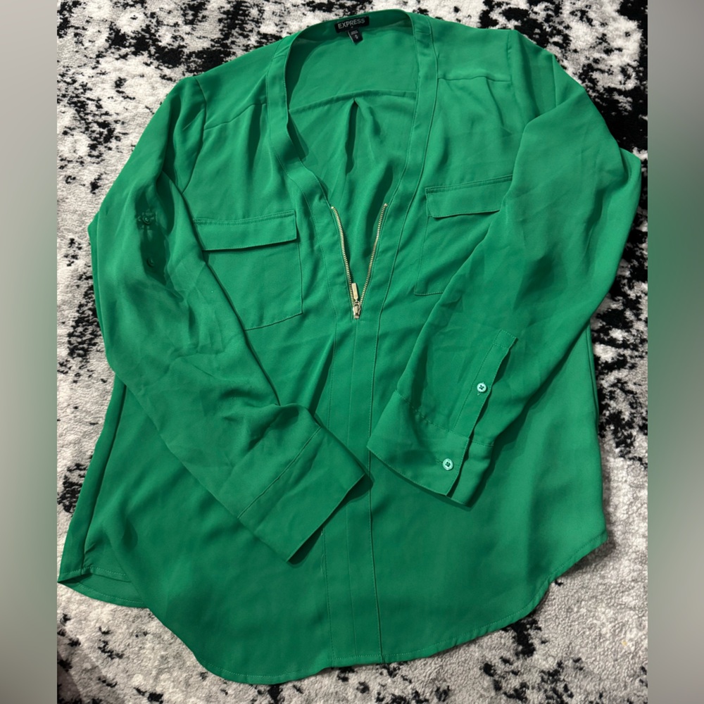 Express Green Blouse with Gold Zipper